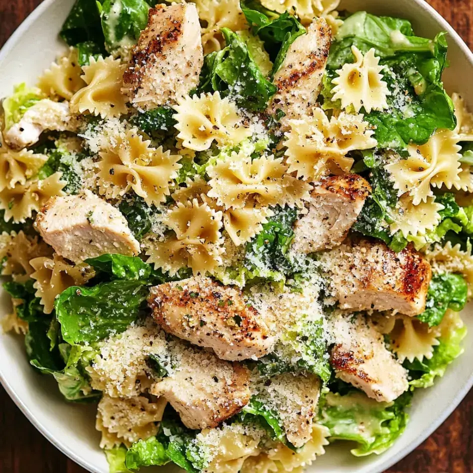 Un bol de ensalada de pasta con lazos, pollo a la plancha, lechuga picada y queso espolvoreado por encima.