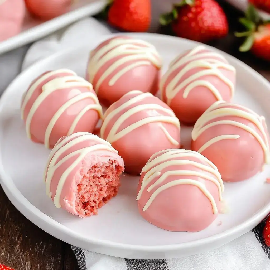 Un plato con bolitas de postre rosadas decoradas con chocolate blanco, con una mordida en una que muestra su interior suave y rosado, acompañadas de fresas frescas.