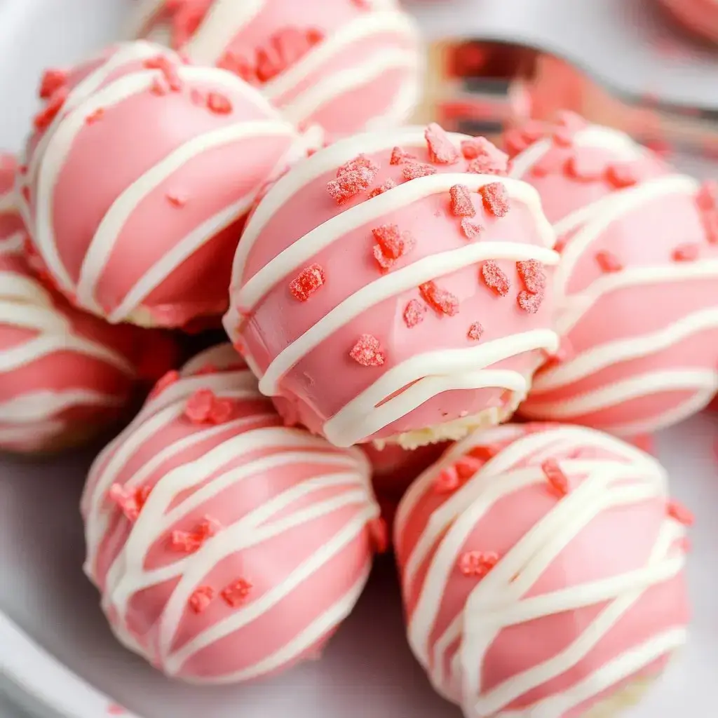 Un plato de bolitas rosas decoradas con hilos blancos y chispas rojas.