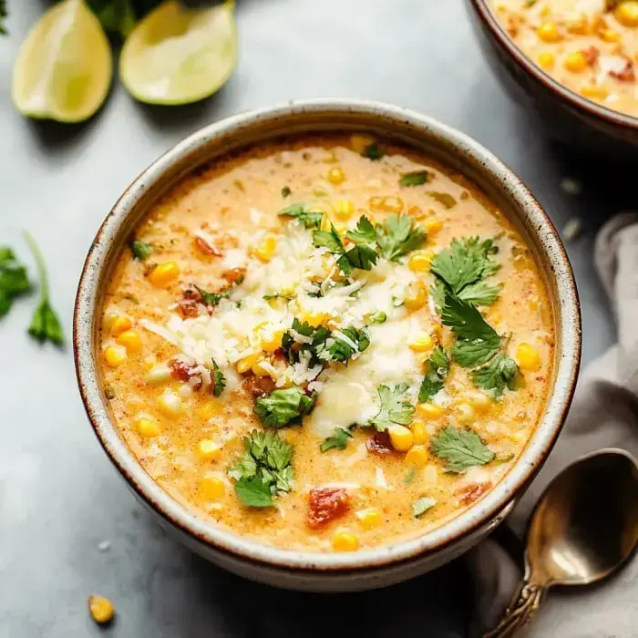 Un tazón de sopa cremosa de maíz cubierta con queso, cilantro y tomates picados, junto a rodajas de limón.