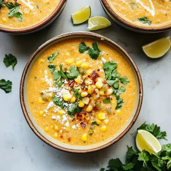 Un tazón de sopa cremosa de maíz adornada con cilantro fresco, granos de maíz y queso, rodeado de gajos de limón.