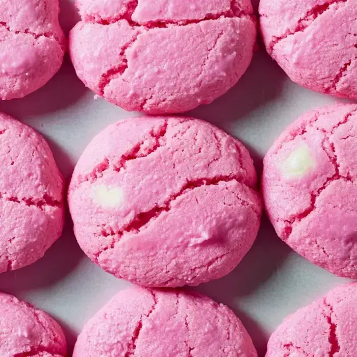 Un primer plano de galletas rosas agrietadas con trozos de chocolate blanco dispuestos en un patrón.