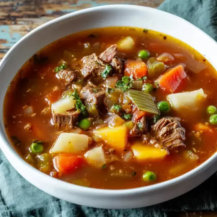 Un tazón sustancioso de sopa de carne con verduras que contiene trozos de ternera, patatas, zanahorias, guisantes y judías verdes.