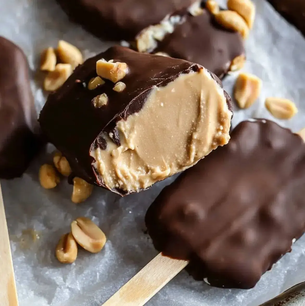 Una barrita helada cubierta de chocolate con un mordisco, revelando un relleno cremoso de mantequilla de cacahuete, rodeada de cacahuetes triturados.