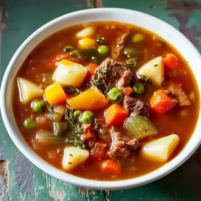Un tazón de estofado de carne sustancioso lleno de varias verduras incluyendo patatas, zanahorias y guisantes en un caldo sabroso.