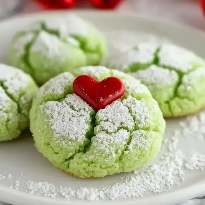 Un plato de galletas arrugadas verdes espolvoreadas con azúcar glasé, con un corazón rojo encima de una galleta.