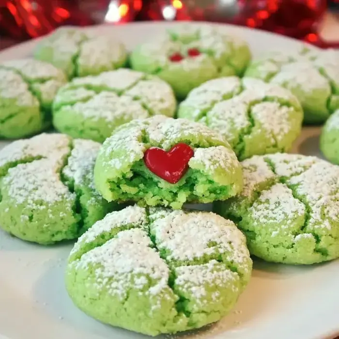 Un plato de galletas arrugadas verdes espolvoreadas con azúcar glasé, una partida por la mitad mostrando un caramelo en forma de corazón rojo dentro.