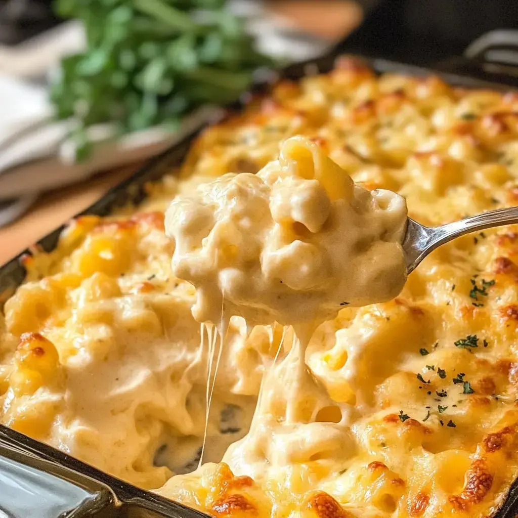 Un primer plano de una cucharada de macarrones con queso cremoso, con el plato al fondo, mostrando el queso fundido estirándose desde la pasta.