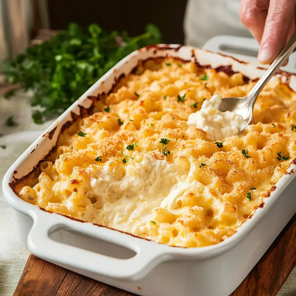 Un plato de macarrones con queso cremoso cubierto con pan rallado y decorado con perejil, servido desde una fuente de horno blanca.