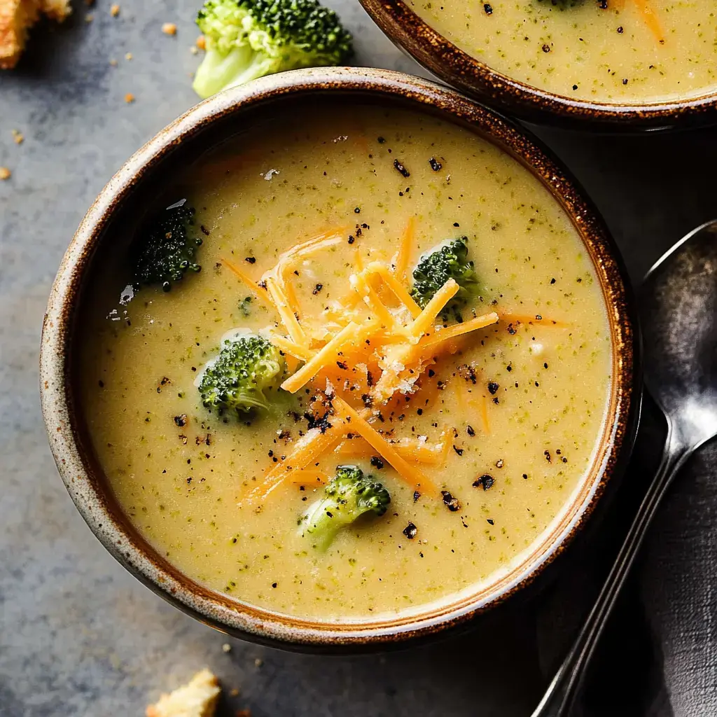 Un primer plano de un tazón de sopa de brócoli con queso cubierta con queso rallado y pimienta negra, acompañada de una cuchara y algunos floretes de brócoli.