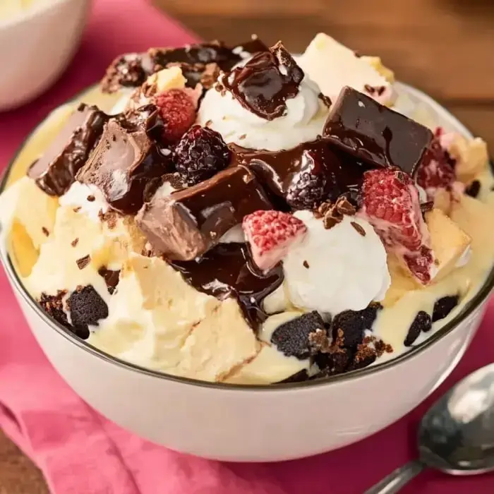 Un tazón de postre con capas de helado de vainilla, trozos de chocolate, frambuesas, crema batida y salsa de chocolate encima.