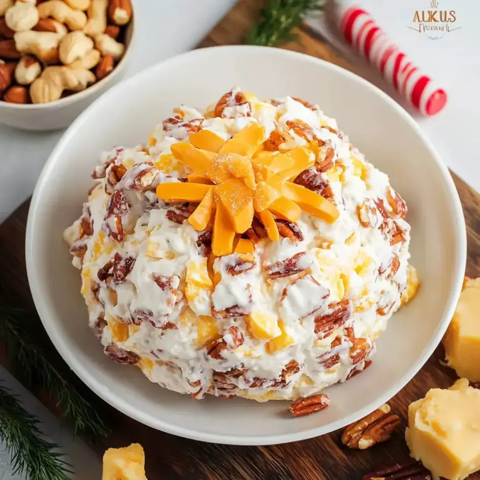 Una ensalada cremosa de postre cubierta con queso cheddar y nueces, servida en un bol blanco junto a un plato de frutos secos variados.