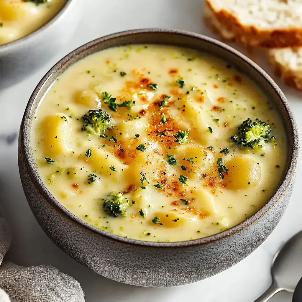 Un cuenco de sopa cremosa de brócoli y patata adornada con hierbas y especias, acompañada de trozos de pan.