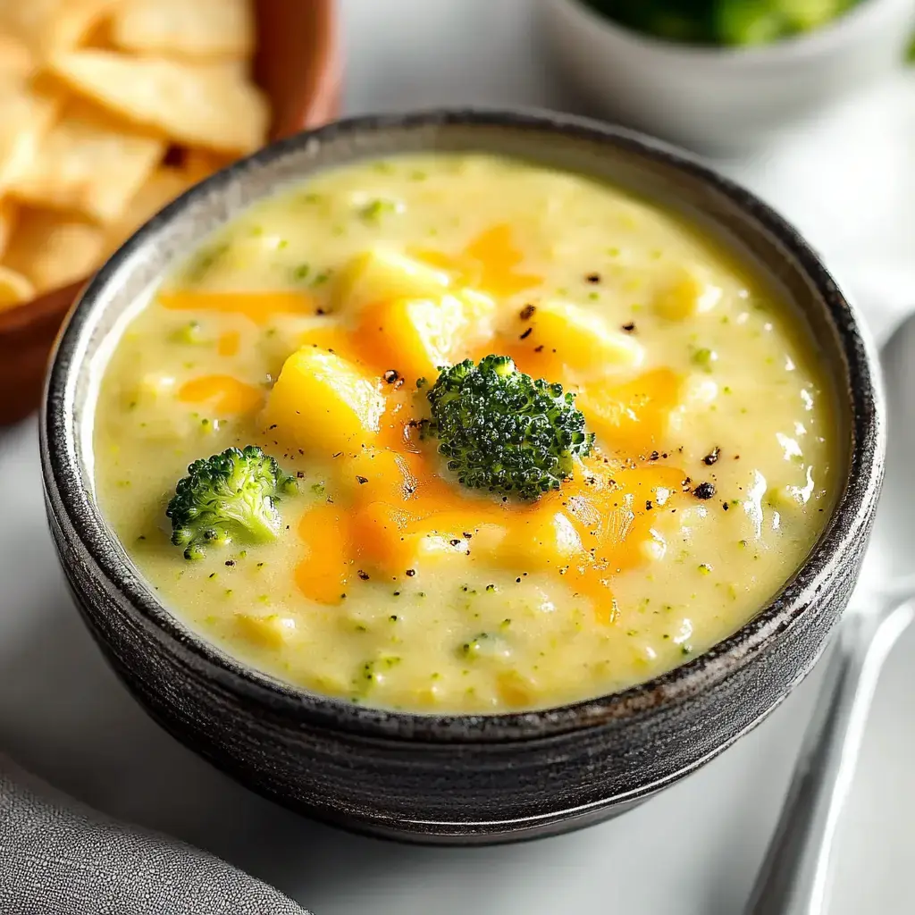 Un cuenco de sopa cremosa de brócoli y queso adornada con floretes de brócoli y queso, con nachos al fondo.