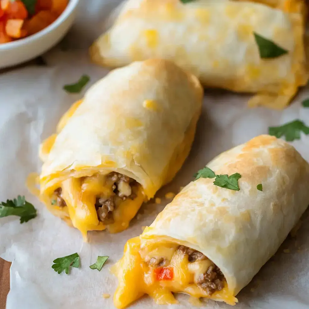 Tres pasteles dorados rellenos de carne picada con queso y adornados con cilantro fresco, servidos junto a un pequeño cuenco de salsa.