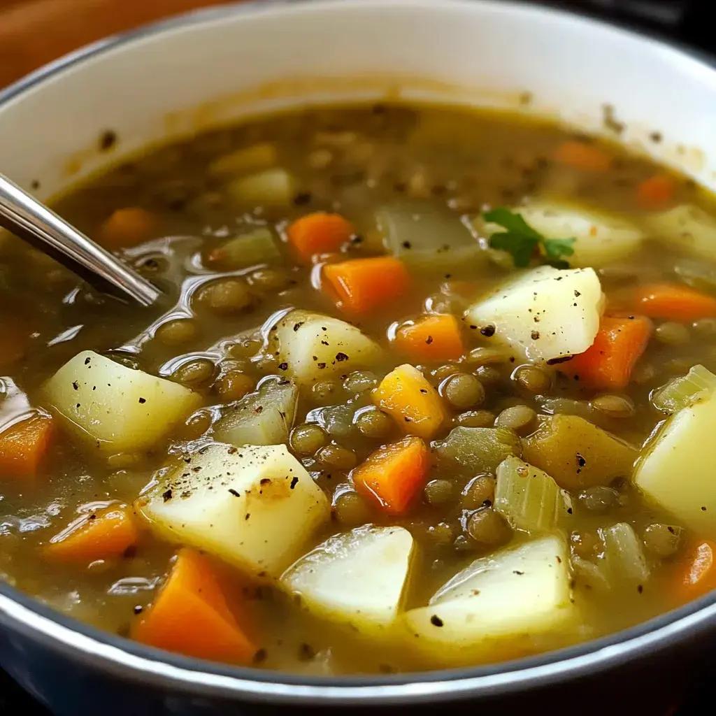 Un primer plano de un tazón de sopa de lentejas con papas, zanahorias y apio picados, adornado con una ramita de cilantro.