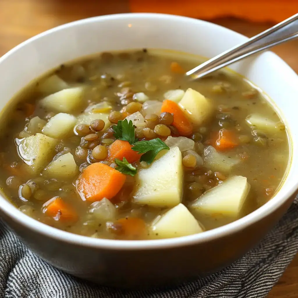 Un humeante plato de sopa de lentejas con zanahorias y papas, adornado con perejil fresco.