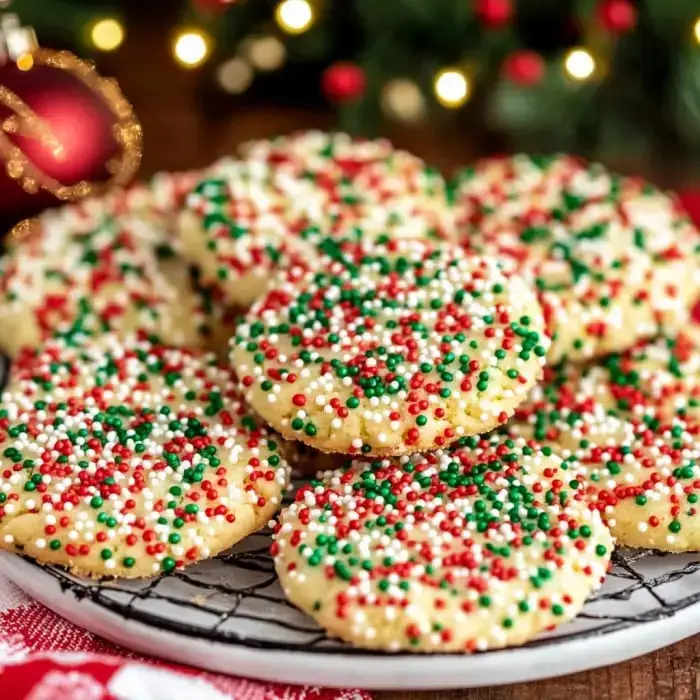 Un plato de galletas festivas decoradas con chispas rojas, verdes y blancas, rodeadas de adornos navideños.