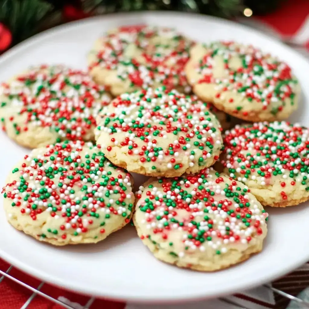 Un plato blanco lleno de galletas festivas decoradas con chispas rojas, verdes y blancas.
