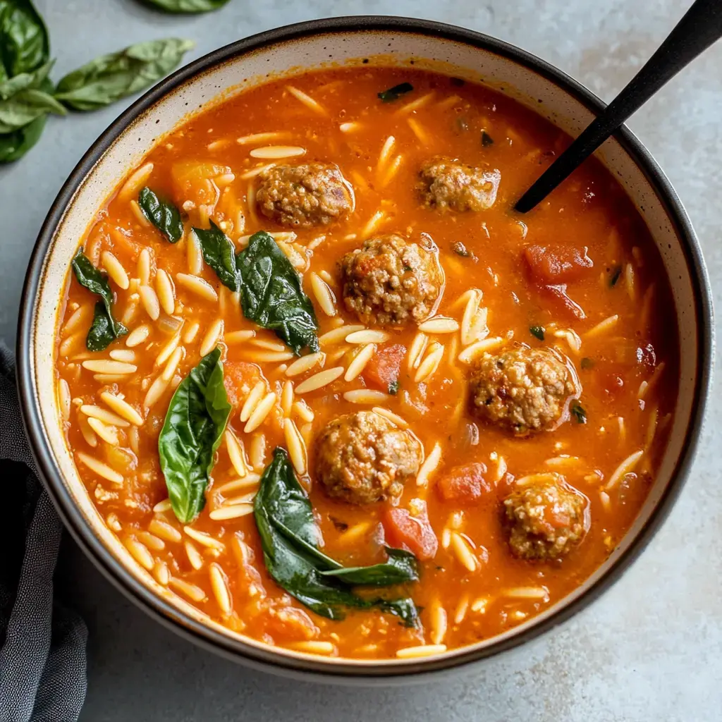 Un tazón de sopa de tomate con orzo, albóndigas y hojas frescas de albahaca.