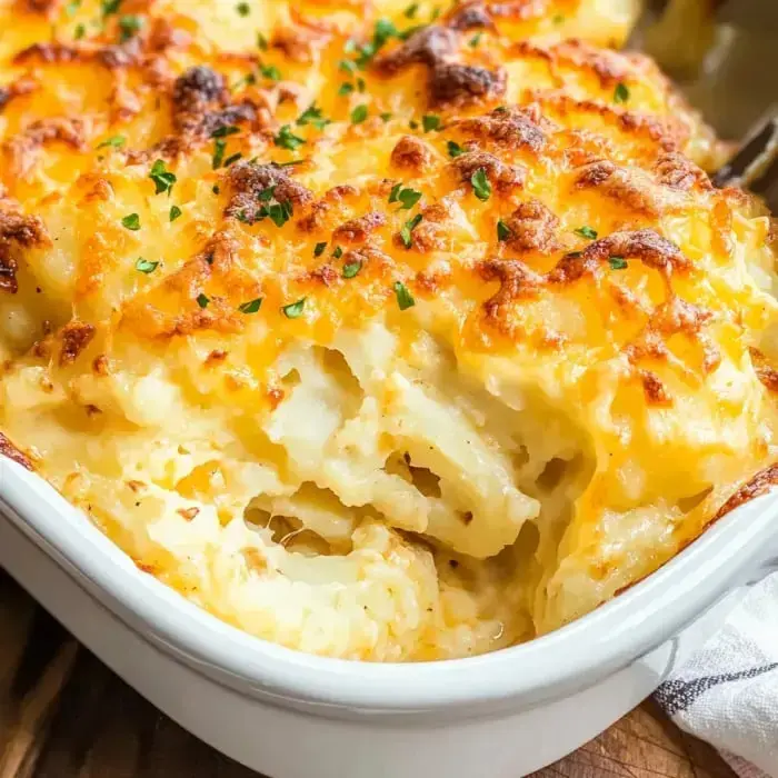 Un gratinado cremoso, dorado y cubierto con queso fundido y decorado con hierbas verdes.