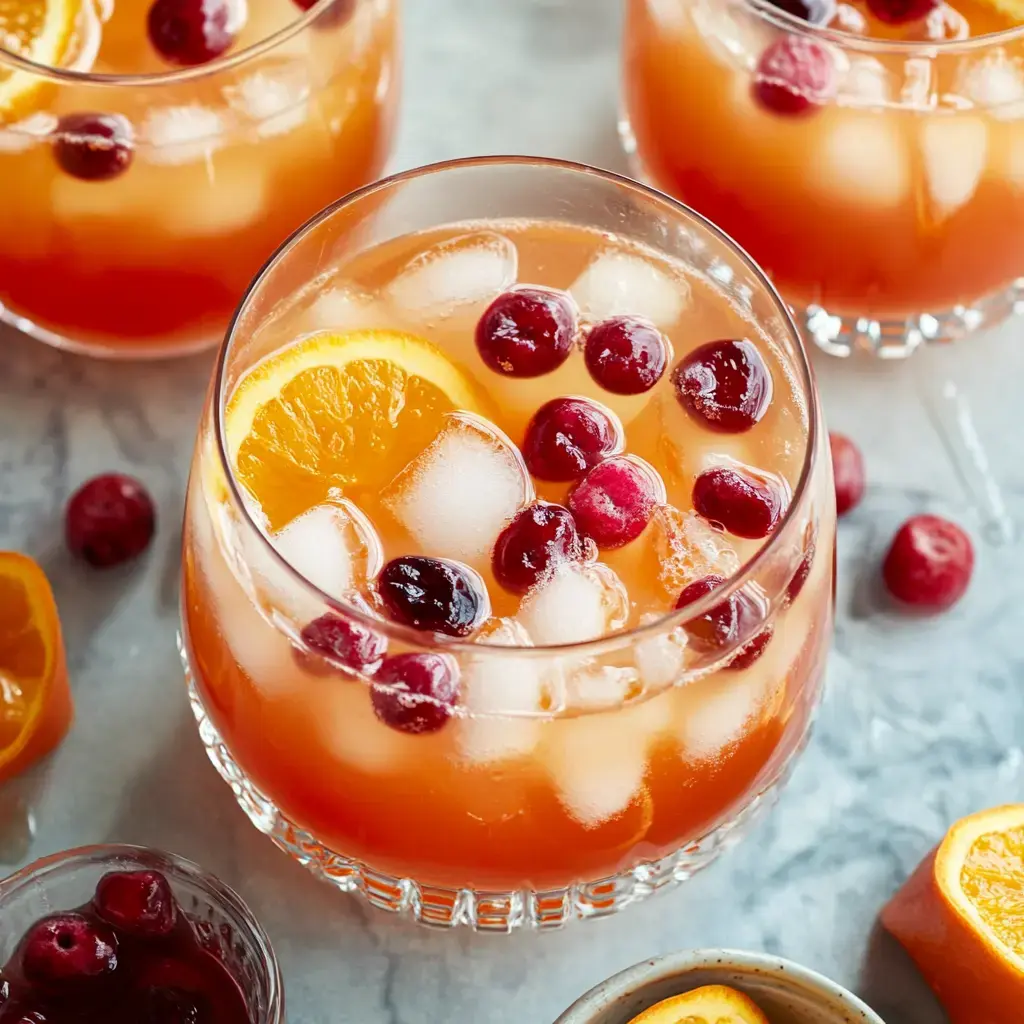 Una bebida refrescante con hielo, decorada con rodajas de naranja y arándanos, mostrada en un vaso junto a otras bebidas y frutas sobre una superficie de mármol.