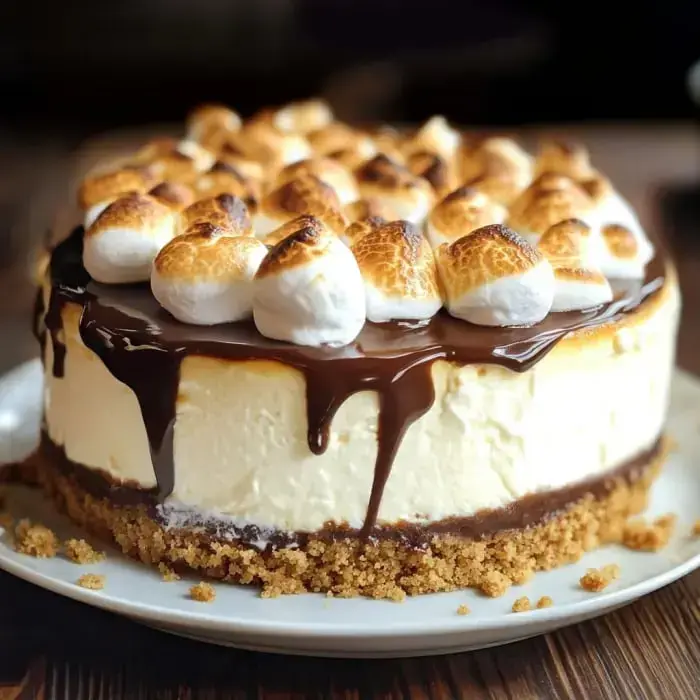 Una deliciosa tarta de queso cubierta con chocolate derretido y malvaviscos dorados, sobre una base de galletas graham.