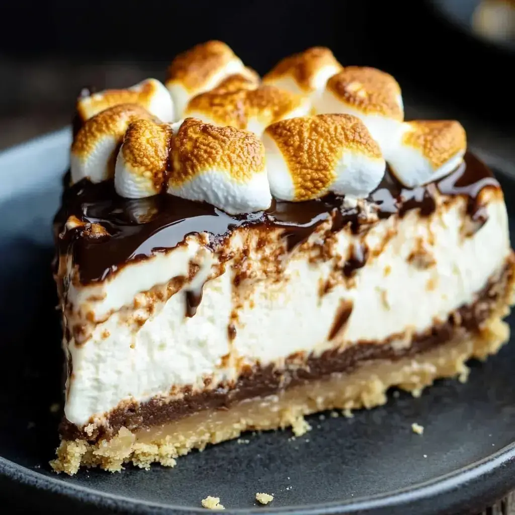 Una porción de postre en capas con base de galletas, capa de chocolate, relleno cremoso, coronado con malvaviscos tostados y bañado en salsa de chocolate.