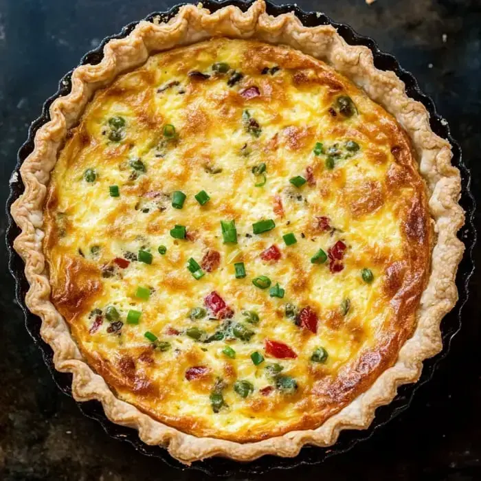 Un quiche salado con corteza dorada, relleno de ingredientes como huevos, cebollinos y verduras coloridas.
