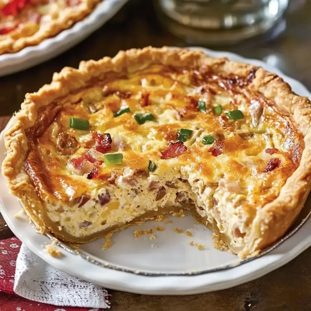 Un quiche recién horneado con corteza dorada, relleno de huevos, queso, tocino y decorado con cebollinos, con una porción retirada.