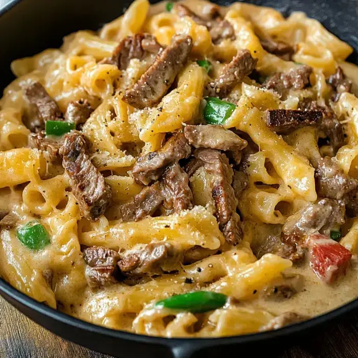 Un plato cremoso de pasta con tiras de ternera y pimientos verdes servido en un cuenco negro.