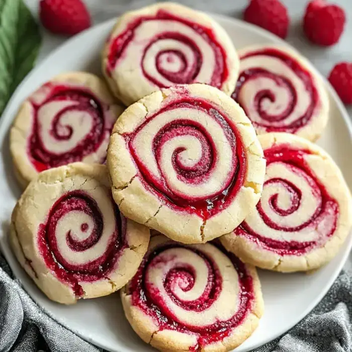 Un plato de galletas con patrón espiral y relleno de frambuesa, rodeadas de frambuesas frescas.