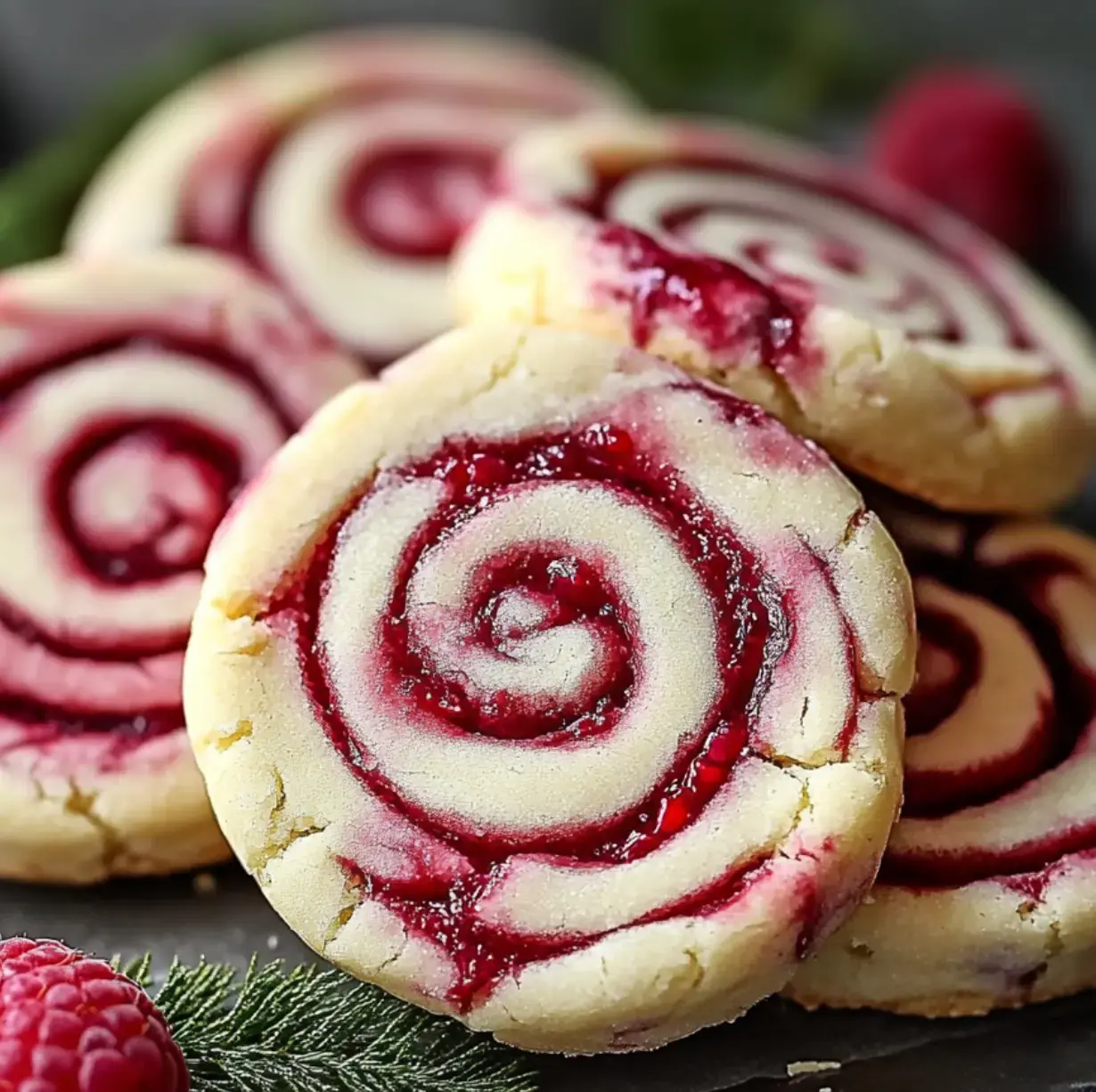 Un primer plano de galletas en forma de espiral con relleno de frambuesa, adornadas con frambuesas frescas y hojas verdes.