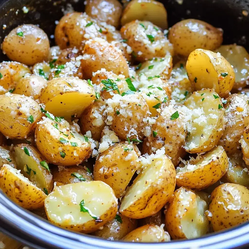Un primer plano de papas cambray enteras y cortadas a la mitad, cubiertas con queso rallado y hierbas frescas.