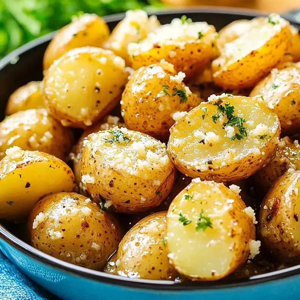 Un primer plano de papas hervidas cortadas a la mitad, adornadas con hierbas y queso en un tazón azul oscuro.