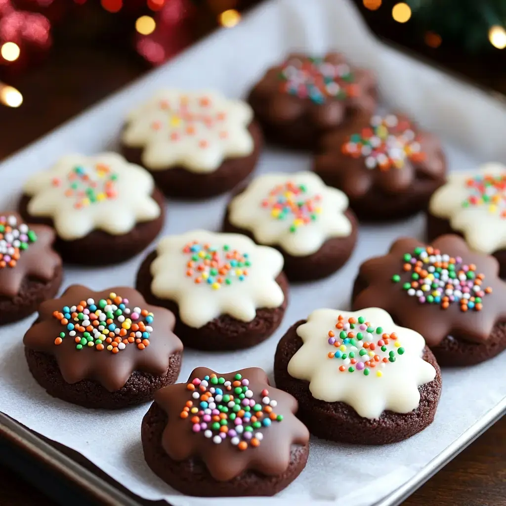 Una bandeja de galletas decorativas de chocolate cubiertas con glaseado blanco y chispas de colores.