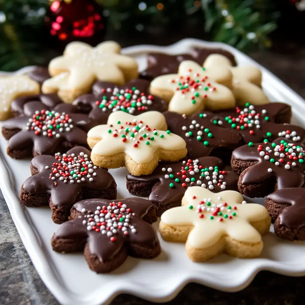 Un plato de galletas festivas en forma de estrella decoradas con chocolate, glaseado blanco y chispas de colores.