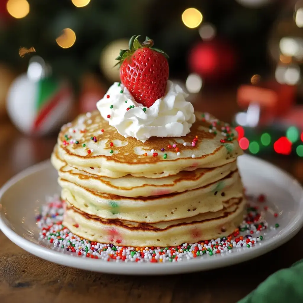 Una torre de pancakes decorada con nata montada y una fresa, rodeada de chispas coloridas en un plato festivo.