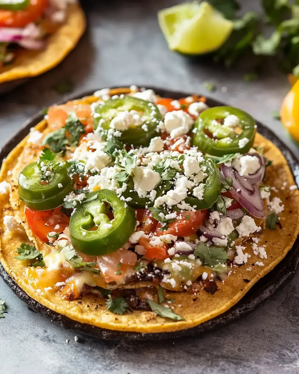 Una vista cercana de un taco colorido cubierto con tomates, jalapeños, cebollas, cilantro y queso desmenuzado sobre una tortilla asada.