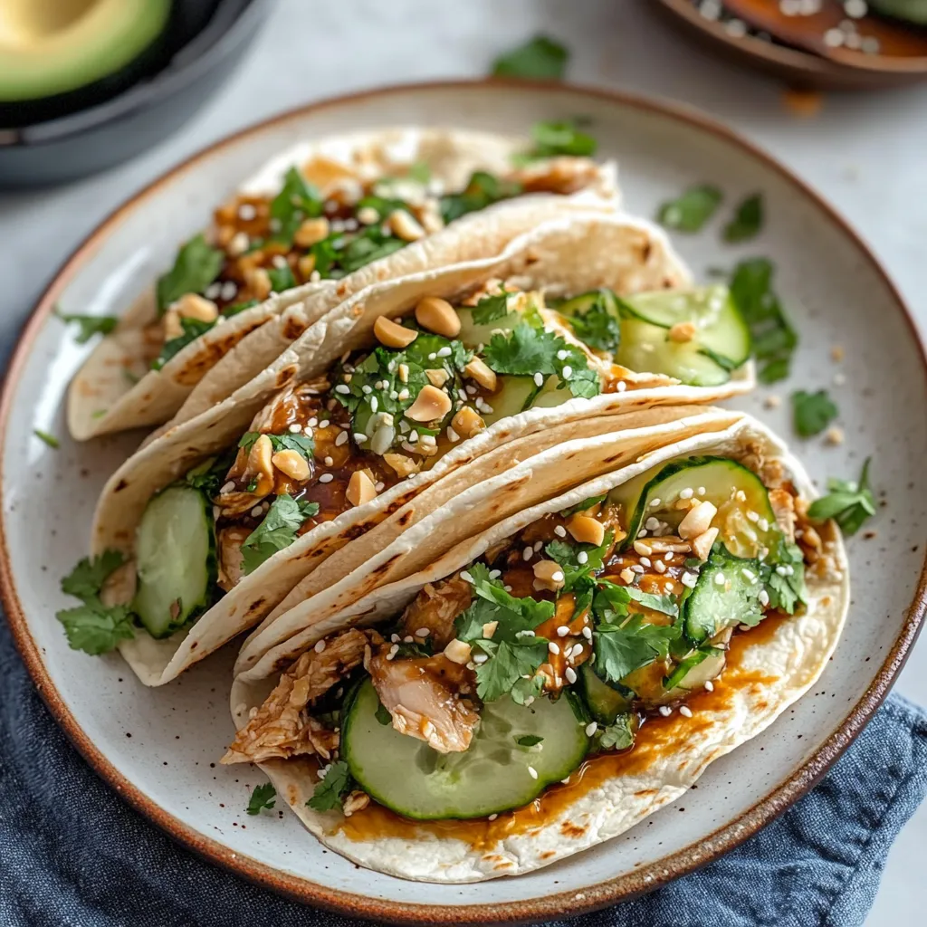 Tacos de Pollo Teriyaki con pepinos cremosos de ajonjolí