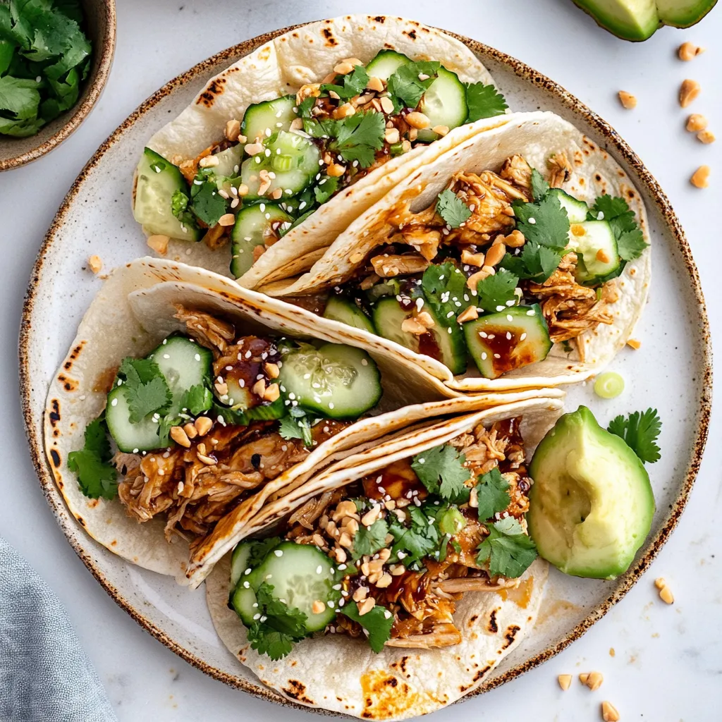 Tacos de Pollo Teriyaki con pepinos cremosos al sésamo