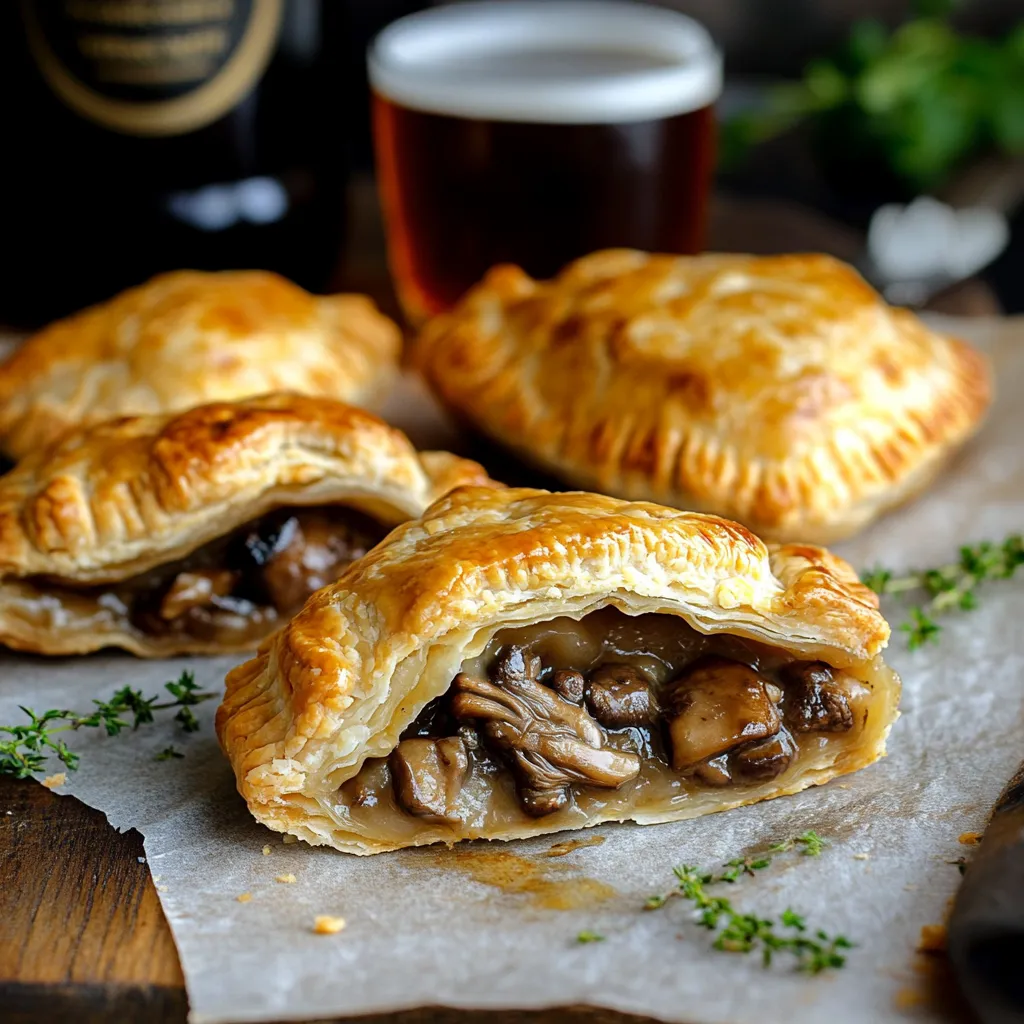 Empanaditas de venado y champiñones con relleno de cerveza negra, ideales para comidas completas.
