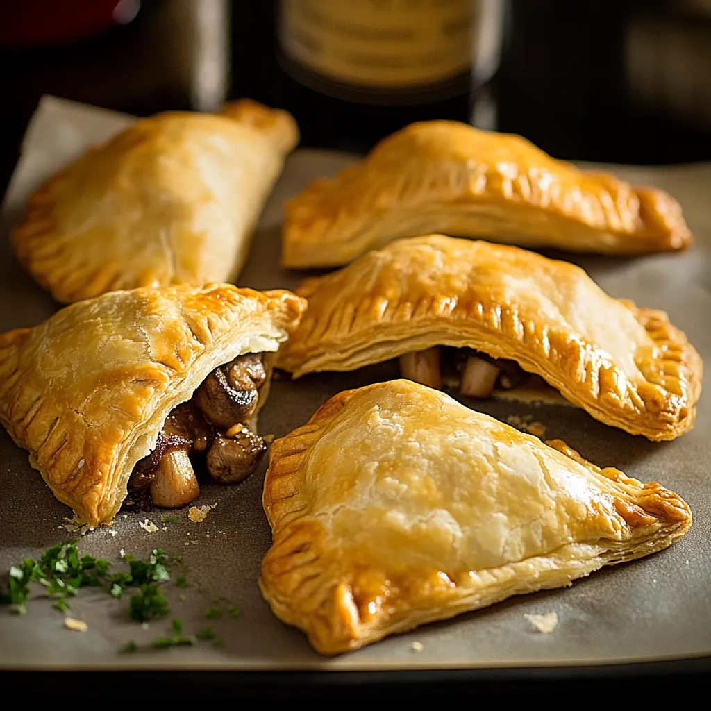 Empanadas doradas rellenas de venado, setas silvestres y rica cerveza negra.