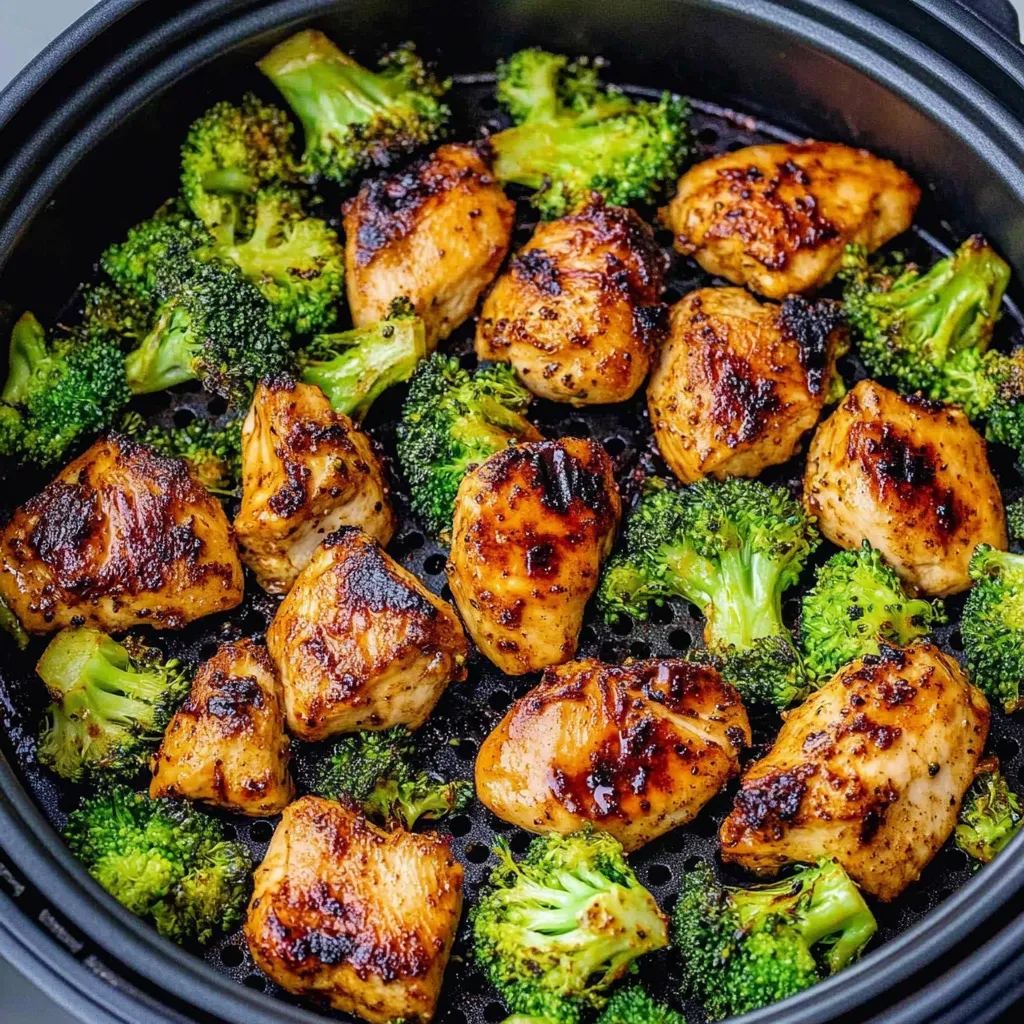 Primer plano de pollo y brócoli en freidora de aire