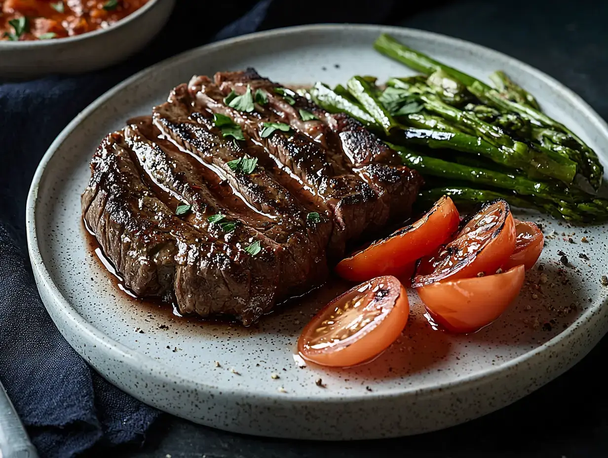 Un bistec a la parrilla decorado con hierbas, acompañado de tomates asados y espárragos, presentado elegantemente en un plato claro moteado.