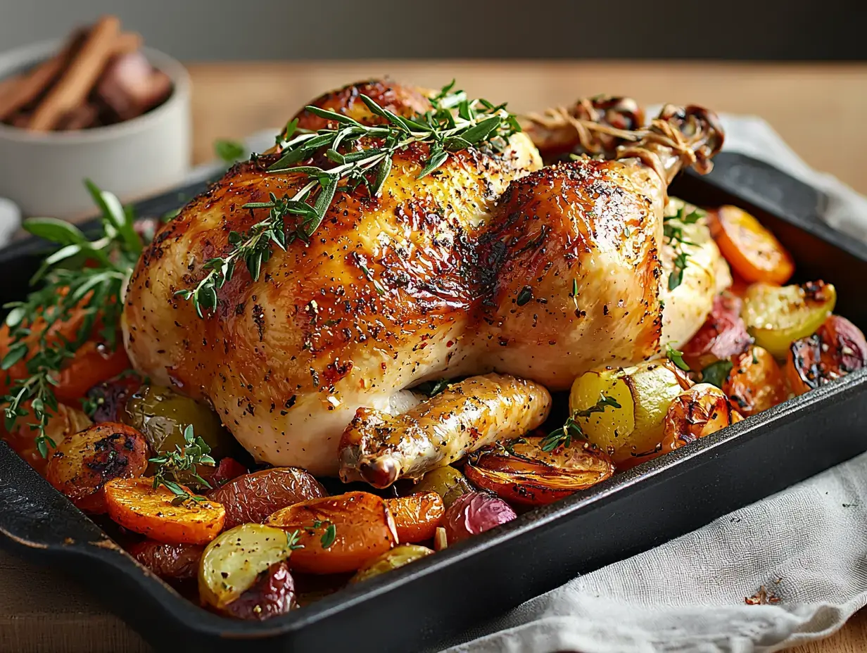 Un pollo entero asado bellamente decorado con hierbas frescas, rodeado de verduras coloridas y caramelizadas en una bandeja para hornear.