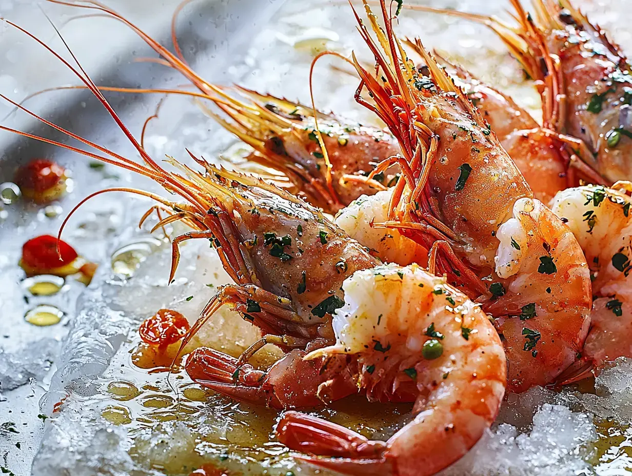 Un primer plano de camarones recién cocinados decorados con hierbas, reposando sobre una cama de hielo.