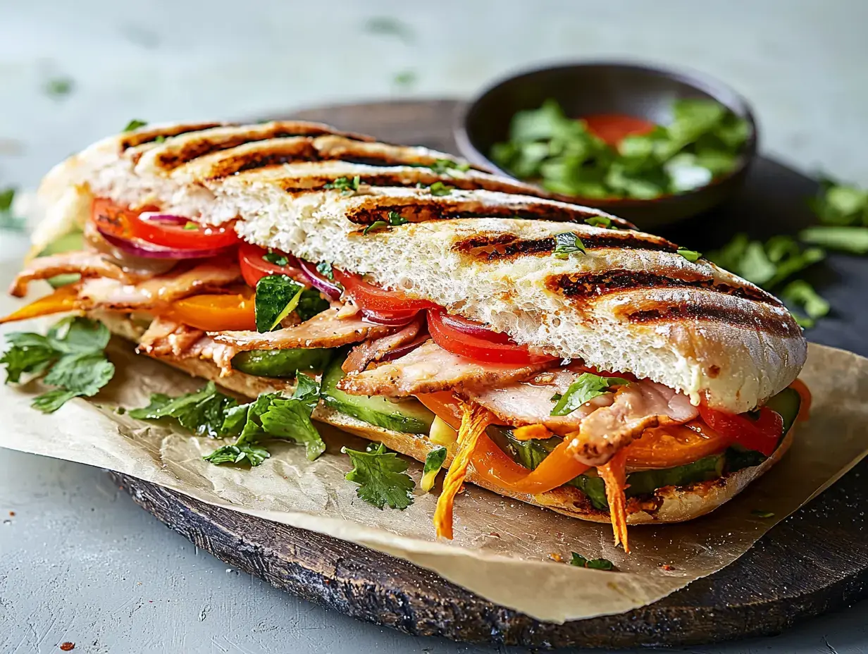 Un sándwich a la parrilla relleno de pollo en rodajas, verduras coloridas y hierbas frescas en una tabla de madera con un pequeño tazón de salsa en el fondo.