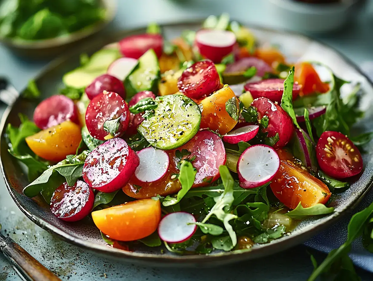 Una ensalada fresca con una mezcla colorida de rábanos en rodajas, pepinos, tomates y rúcula, rociada con aderezo.