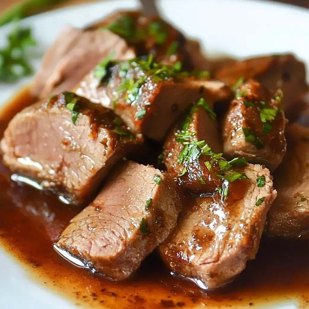 Plato de carne en trozos, cubierta con salsa y espolvoreada con cilantro fresco.